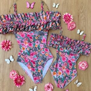 Mia Belle Girls Leopard Floral Print Ruffle 1-piece Swimsuit Mom Listed Seperate